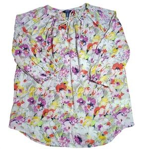 Chaps Floral Print Tie Neck Blouse Shirt Top Size S boho grannycore Ralph Lauren